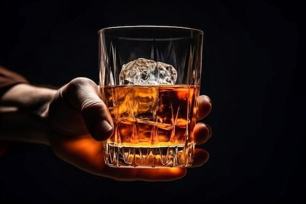 La main masculine tient un verre de whisky sur un espace de fond noir pour le texte