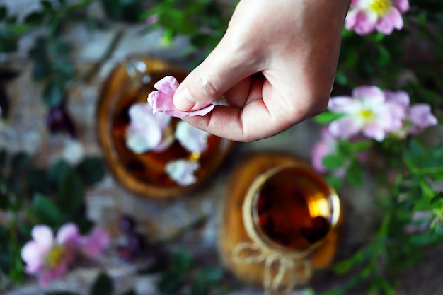 Main met des pétales de rose dans une tasse de thé. Thé aux pétales de rose. Fleurs et branches d'églantier.