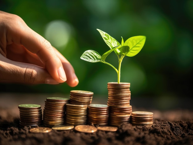 Une main met des pièces dans une pile avec une plante qui pousse sur l'argent