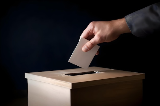 Main mettant un bulletin de vote dans une urne en bois Generative AI