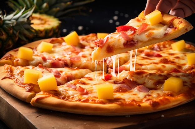 Une main mettant des tranches d'ananas sur une pizza hawaïenne