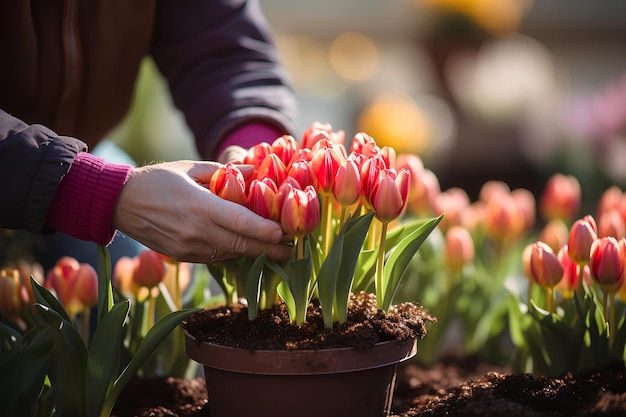 Main mettant des tulipes dans un pot