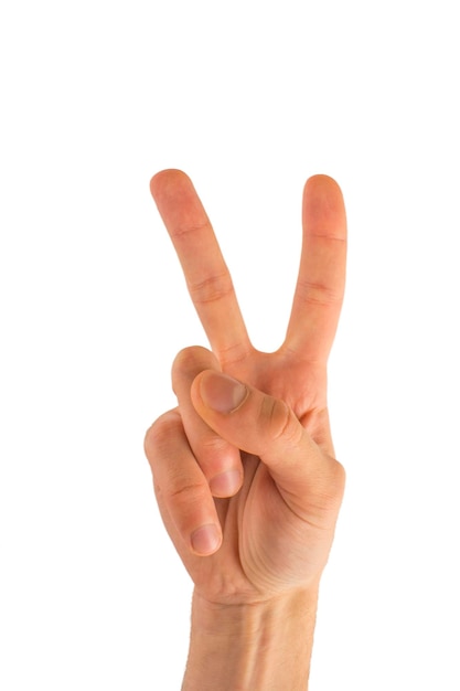 Photo la main montre le signe de paix de deux doigts sur un fond blanc