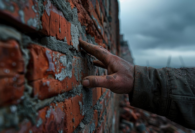 La main sur un mur de briques