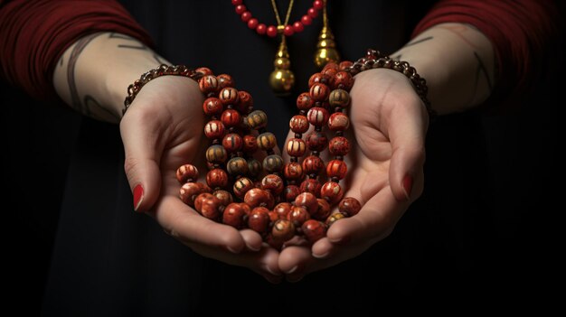 Photo la main d'un musulman priant avec des perles de prière