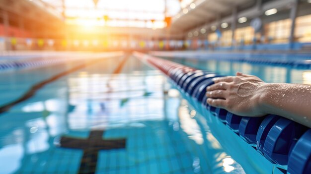 Photo une main de nageur touchant le bord d'une piscine au lever du soleil représentant un entraînement ou une compétition