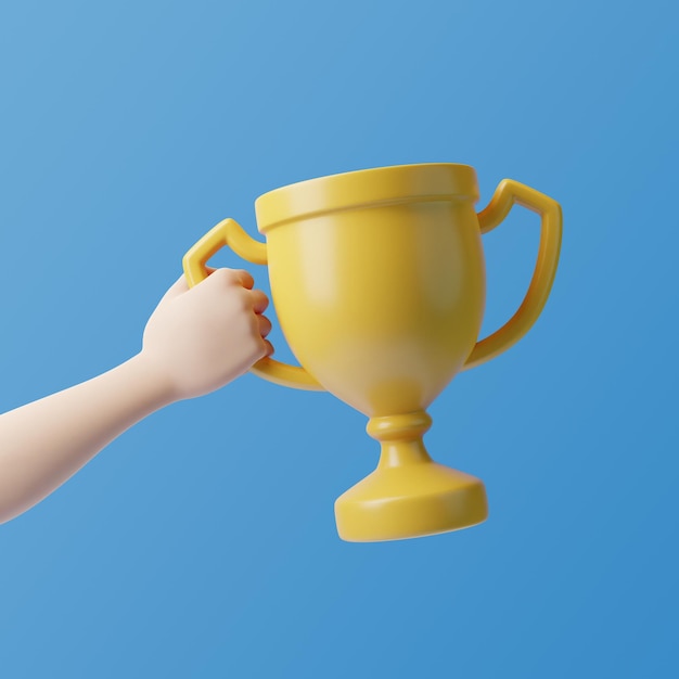 Main de personnage de dessin animé tenant une grande coupe de trophée de victoire d'or sur fond bleu illustration de rendu 3D