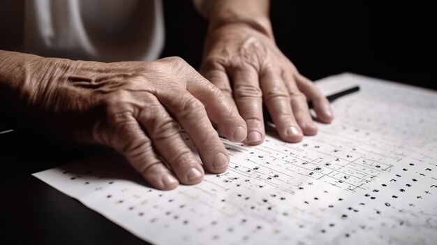 Main d'une personne aveugle lisant un texte en braille touchant le relief Ai générative