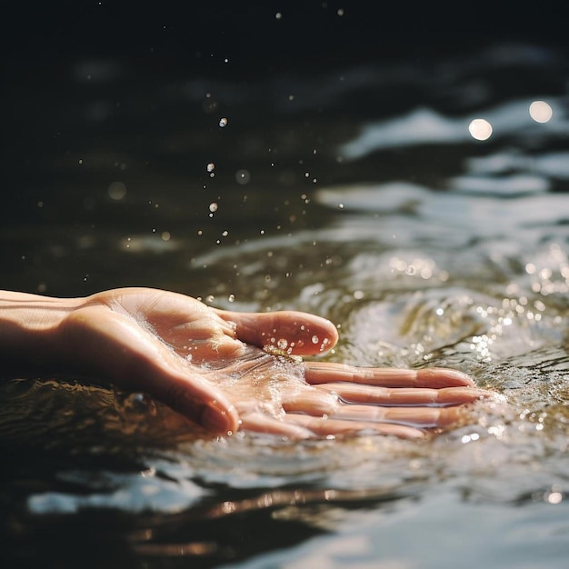 La main d'une personne flotte dans l'eau avec le soleil qui brille sur elle.