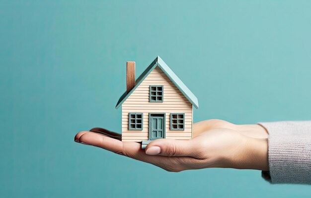 une main de personne avec une maison en bois sur un fond bleu dans le style de beige clair et de teal