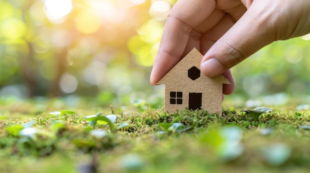 Une main de personne plaçant doucement un petit modèle de maison sur une surface herbeuse verte suggérant