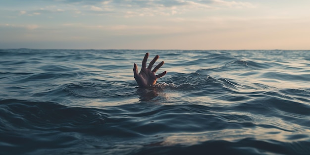 La main d'une personne qui se noie émerge au-dessus de la surface de l'océan et disparaît dans la vaste étendue sans fin de la mer d'un bleu profond. Danger du concept de mer