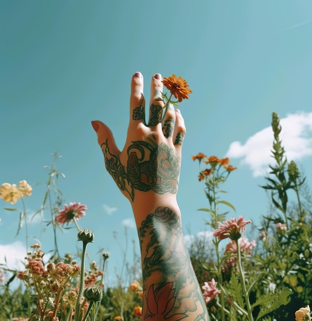 Une main de personne avec des tatouages complets avec des fleurs en arrière-plan