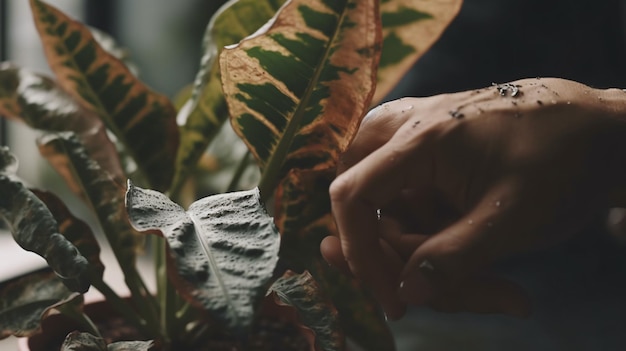 La main d'une personne tatouée au poignet entre dans une plante.