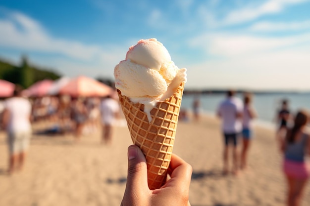 Une main de personne tenant un cornet de glace gelato dans sa main sur la plage