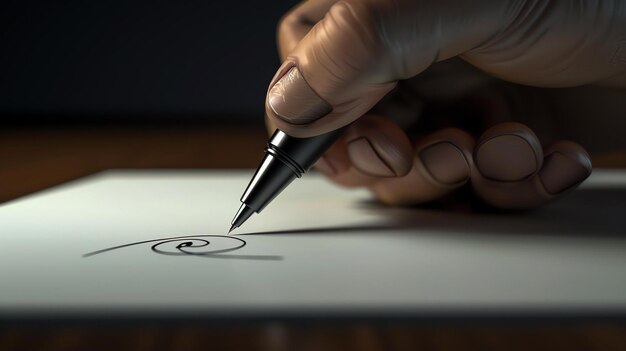 Photo la main d'une personne tient un stylo et écrit sur un morceau de papier la personne porte une chemise blanche et le fond est flou