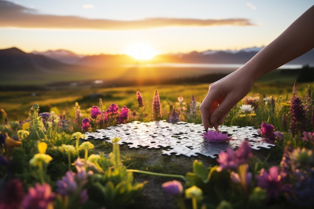 La main plaçant la dernière pièce du puzzle d'une fleur dans un puzzle sur un rocher dans un champ de fleurs avec un coucher de soleil en arrière-plan