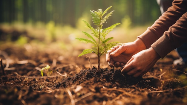 Photo une main plantant un jeune arbre dans une forêt