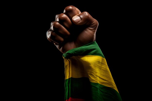 Photo la main avec le poing serré sur le fond du drapeau de la république du ghana
