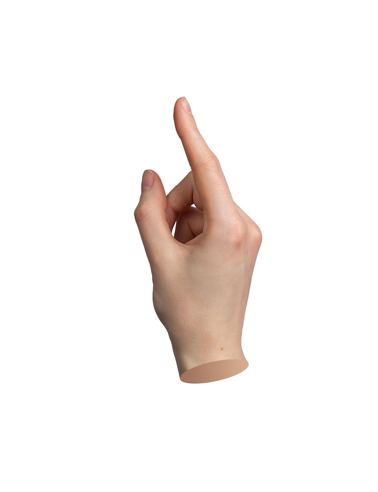 Photo main pointant avec l'index isolé sur fond blanc pointeur indiquant le toucher tapotement
