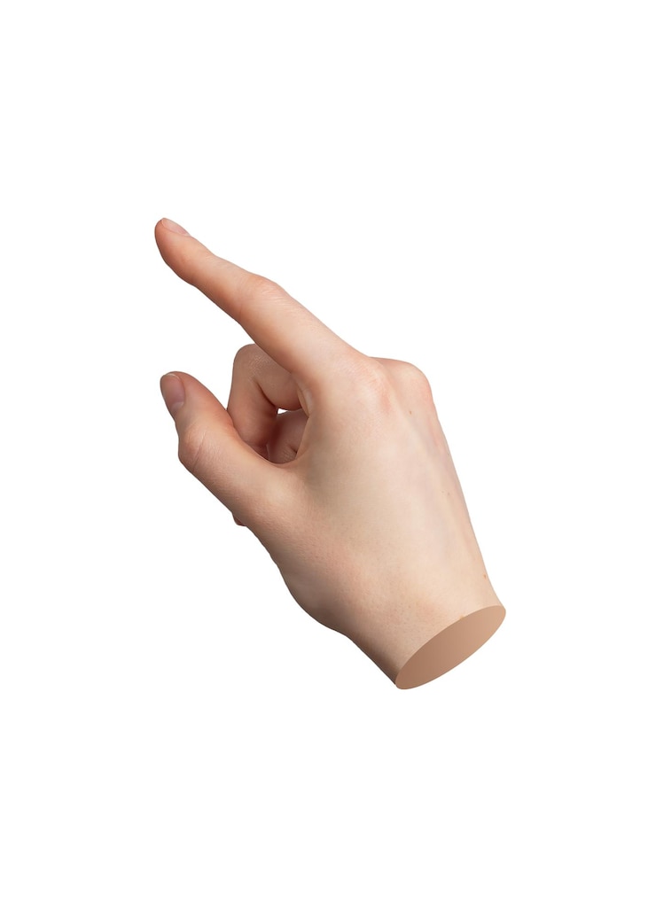 Photo main pointant avec l'index isolé sur fond blanc pointeur indiquant le toucher tapotement