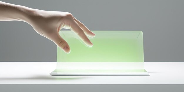 une main pointant une tablette à écran tactile dans le style vert clair et blanc