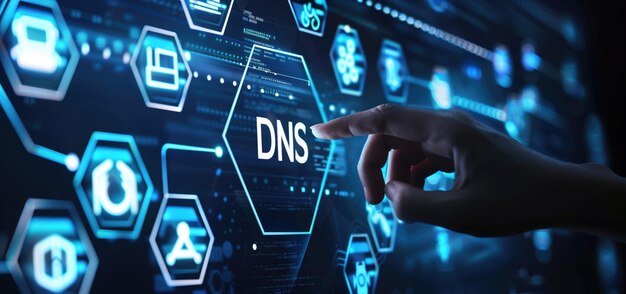 La main pointant vers l'icône DNS sur une interface numérique futuriste Concept de système de noms de domaine