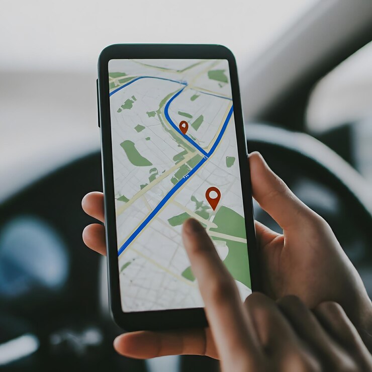 Photo une main pointant vers une icône de navigateur gps sur un écran de smartphone avec une carte