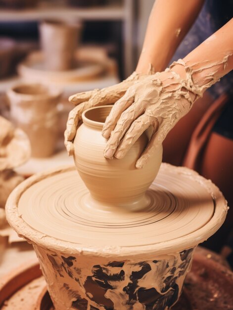 une main de potier est sur une roue de poterie