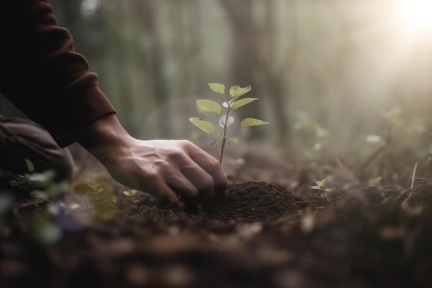 Main pour replanter des arbres dans la forêt Sensibiliser à l'amour sauvage Concept de plante sauvage