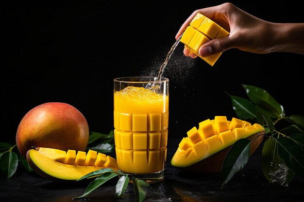 Une main pressant une mangue mûre avec du jus coulant sur un verre avec une tranche de mangue