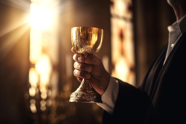 Main de prêtre tenant un calice doré de rayons de soleil de vin à travers la fenêtre de l'église IA générative