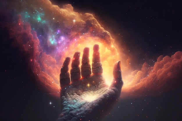 Une main qui atteint une galaxie avec le soleil qui brille à travers