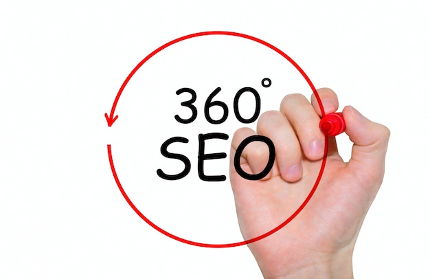 Main qui écrit inscription 360 degrés SEO avec marqueur, concept