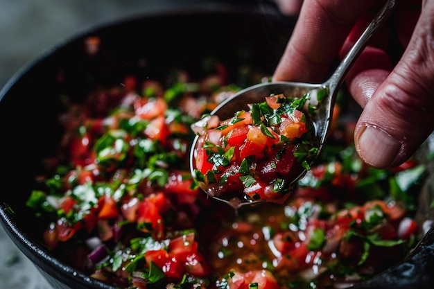 Une main qui prépare une portion de salsa piquante.