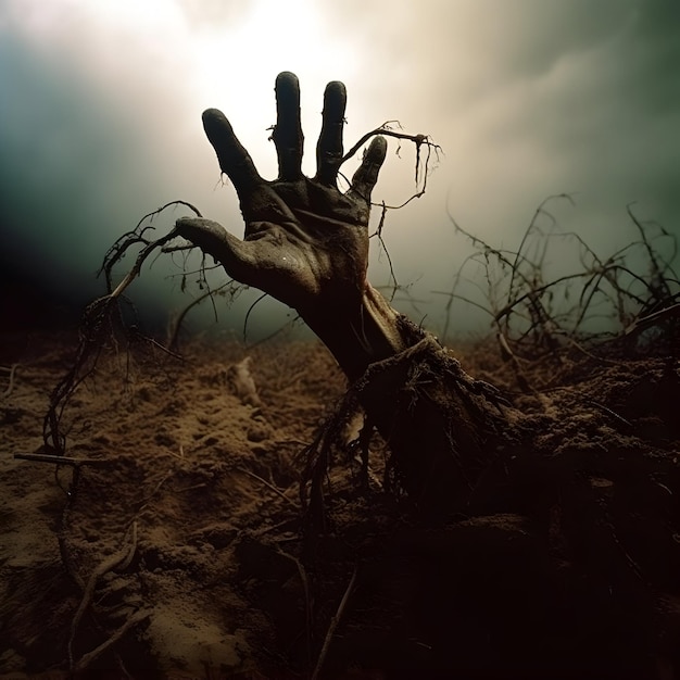 Photo la main qui sort de la tombe ou les mains de zombie qui émergent du sol.