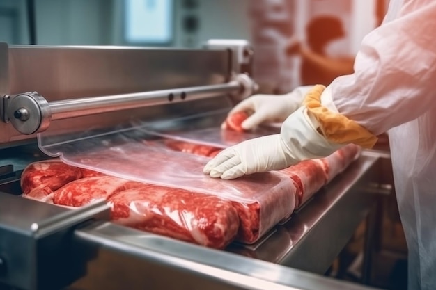 Main rapprochée d'un ouvrier d'une usine de viande emballant la viande dans la feuille en plastique sur la machine dans une usine alimentaire