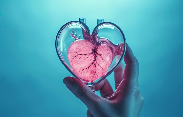 main regardant le coeur rose sous la loupe dans le style d'une anatomie indéfinie