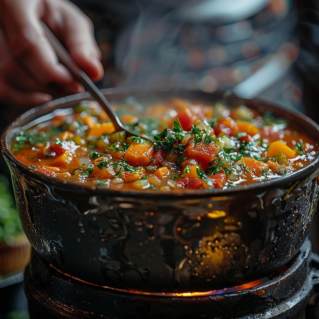 La main remuant une casserole de soupe