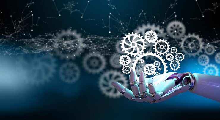 Main de robot Ai tenant des roues dentées Idée d'entreprise avec l'Intelligence Artificielle Travail d'équipe Stratégie de rabotage Solution d'analyse de coopération