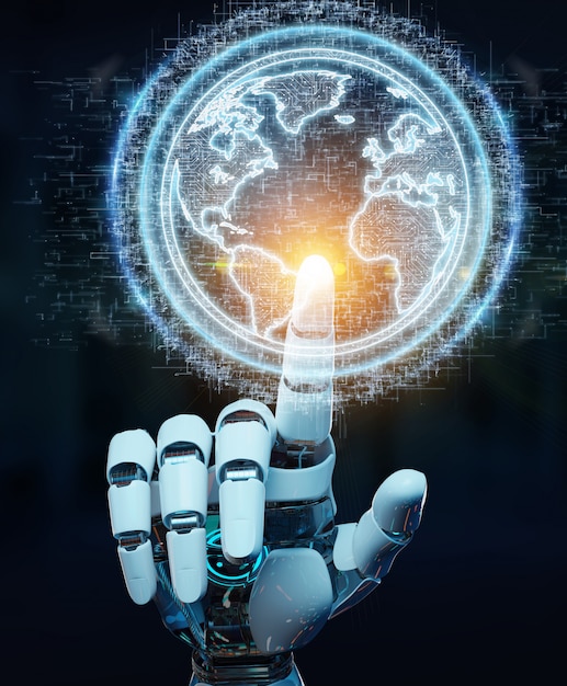 Main de robot blanche utilisant l'hologramme du réseau globe avec rendu 3D de la carte Amérique États-Unis