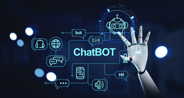 Main de robot et chatbot avec binaire et circuit de médias sociaux