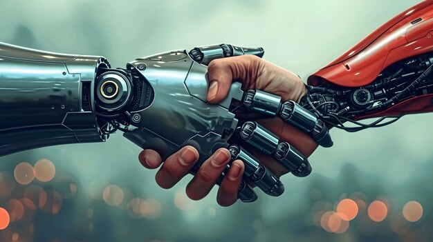 Photo une main de robot en costume serre la main d'une main humaine