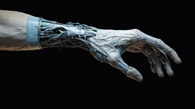 Photo une main de robot sur fond noir étend sa main main cyborg numérique