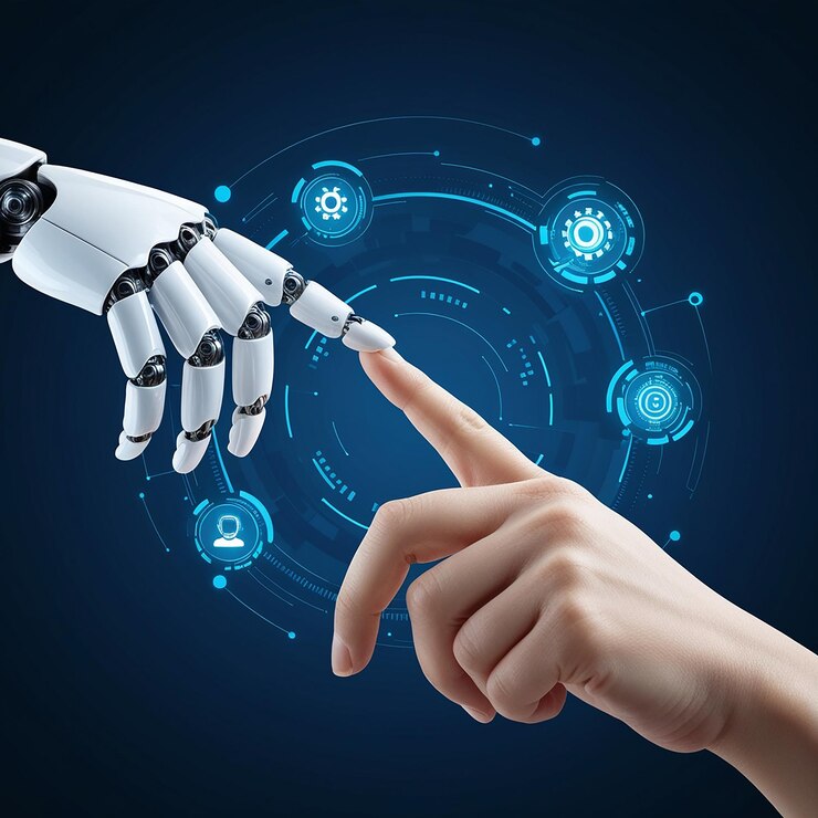 La main d'un robot d'intelligence artificielle touchant un doigt humain sur un fond bleu foncé avec une technologie numérique