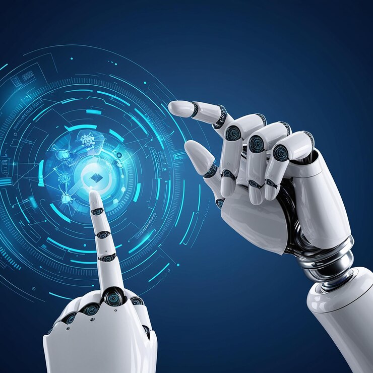 La main d'un robot d'intelligence artificielle touchant un doigt humain sur un fond bleu foncé avec une technologie numérique