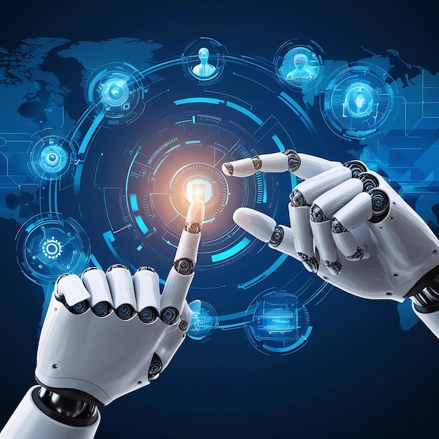 La main d'un robot d'intelligence artificielle touchant un doigt humain sur un fond bleu foncé avec une technologie numérique