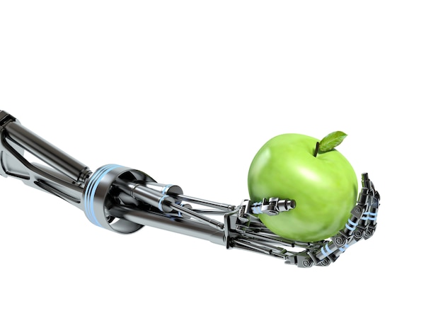 Main de robot avec pomme verte isolée