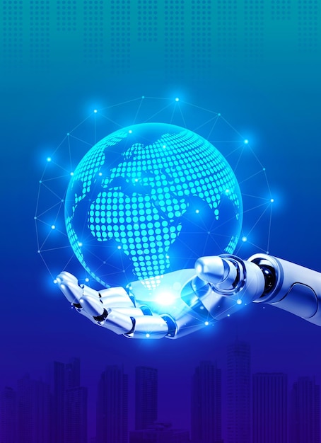 Main de robot de rendu 3d tenant un hologramme virtuel du monde numérique avec connexion de données sur fond de réseau bleu avec des bâtiments de la ville Support d'assistant automatisé d'intelligence artificielle humanoïde Ai