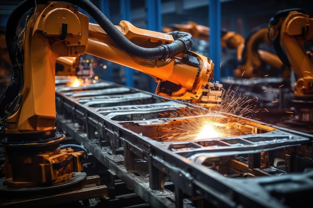 Main de robot travaillant le soudage de l'acier construisant une ligne de machine de voiture électronique dans une usine de haute technologie